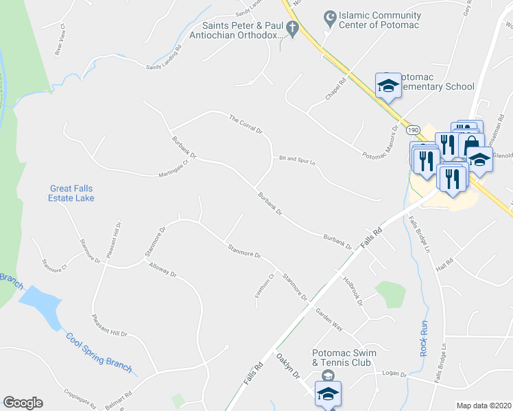 map of restaurants, bars, coffee shops, grocery stores, and more near 10712 Burbank Drive in Rockville