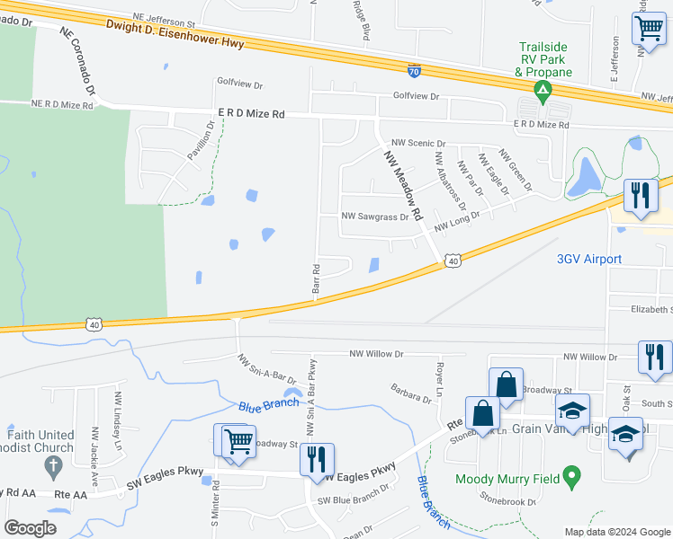 map of restaurants, bars, coffee shops, grocery stores, and more near 1230 Northwest Ashley Lane in Grain Valley