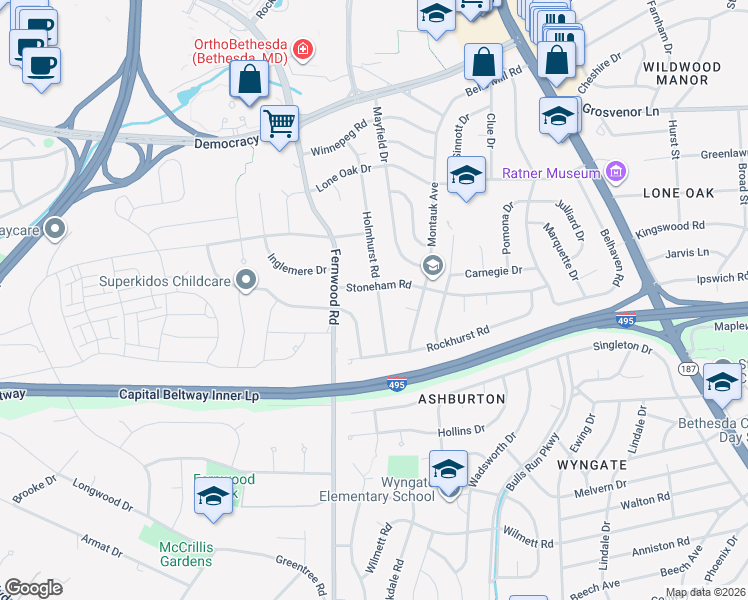 map of restaurants, bars, coffee shops, grocery stores, and more near 9720 Holmhurst Road in Bethesda