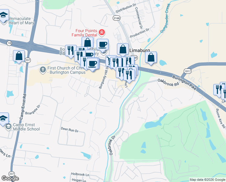 map of restaurants, bars, coffee shops, grocery stores, and more near 6220 Crossings Drive in Burlington