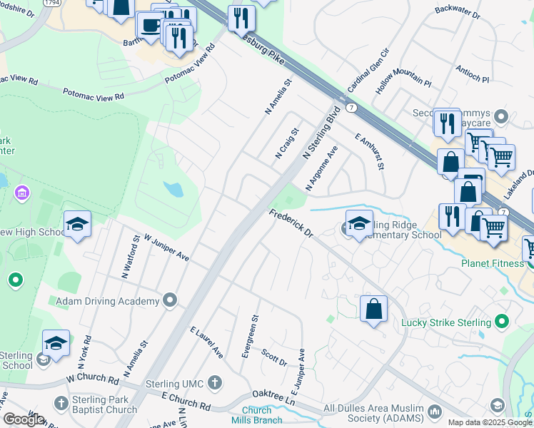 map of restaurants, bars, coffee shops, grocery stores, and more near 1456 North Sterling Boulevard in Sterling