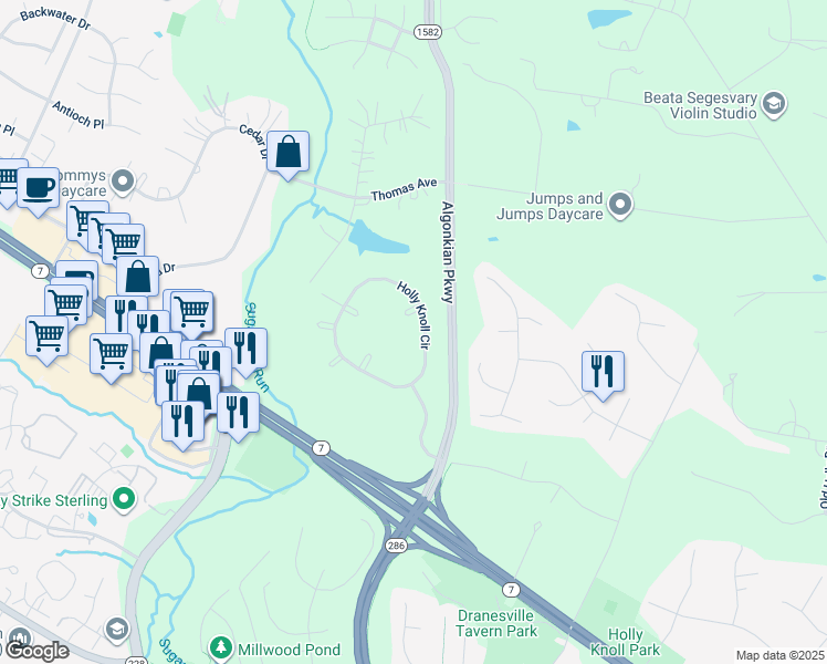 map of restaurants, bars, coffee shops, grocery stores, and more near 12111 Holly Knoll Circle in Great Falls