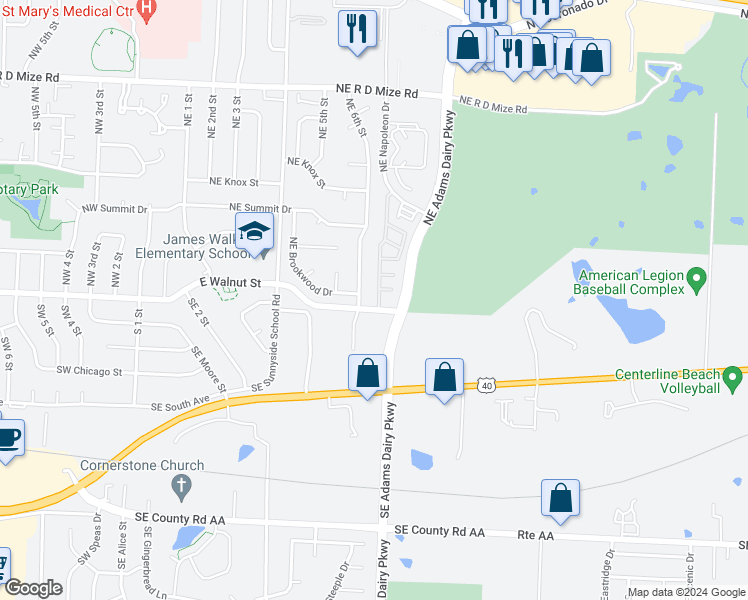 map of restaurants, bars, coffee shops, grocery stores, and more near 105 Northeast Adams Dairy Parkway in Blue Springs