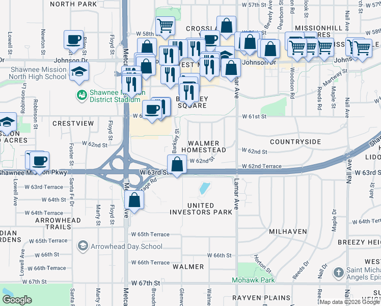 map of restaurants, bars, coffee shops, grocery stores, and more near 6207 Glenwood Avenue in Mission