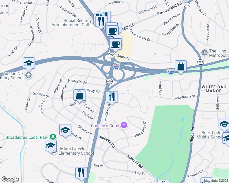 map of restaurants, bars, coffee shops, grocery stores, and more near 10309 New Hampshire Avenue in Silver Spring