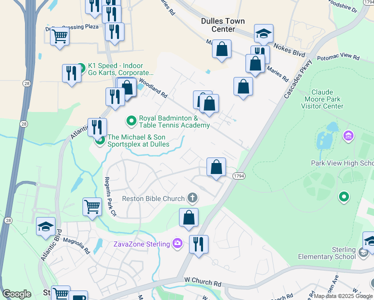 map of restaurants, bars, coffee shops, grocery stores, and more near 45750 Winding Branch Terrace in Sterling