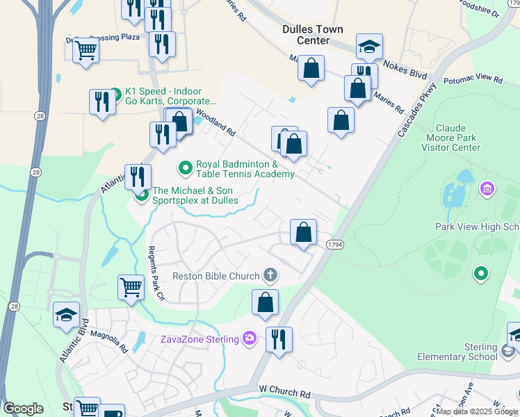 map of restaurants, bars, coffee shops, grocery stores, and more near 45748 Winding Branch Terrace in Sterling