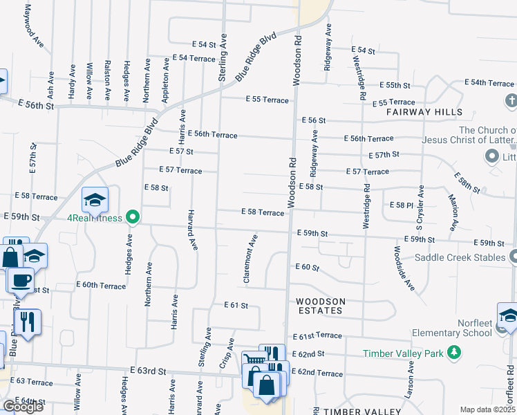 map of restaurants, bars, coffee shops, grocery stores, and more near 11413 East 58 Street in Raytown