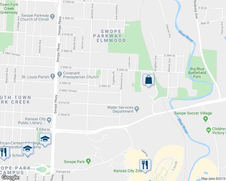 map of restaurants, bars, coffee shops, grocery stores, and more near 4505 East 60th Street in Kansas City