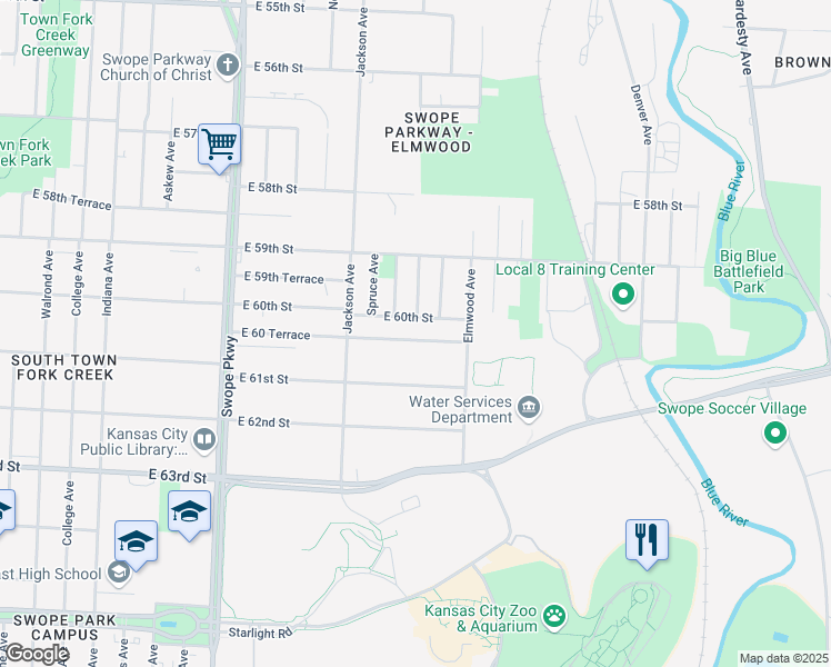 map of restaurants, bars, coffee shops, grocery stores, and more near 4505 East 60th Street in Kansas City