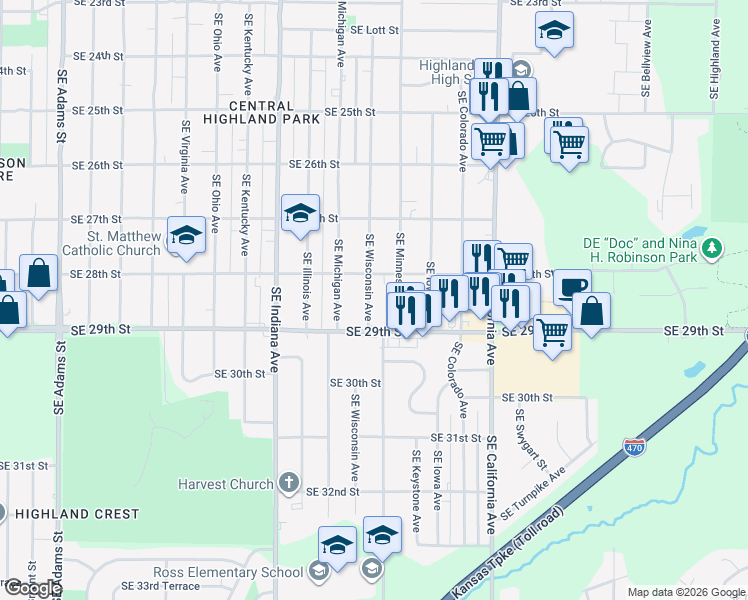 map of restaurants, bars, coffee shops, grocery stores, and more near 2810 Southeast Wisconsin Avenue in Topeka