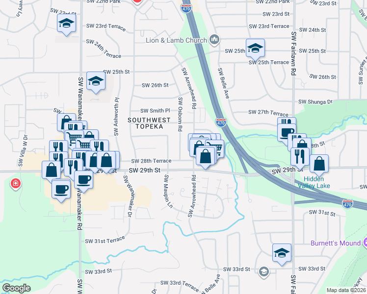 map of restaurants, bars, coffee shops, grocery stores, and more near 2731 Southwest Osborn Road in Topeka