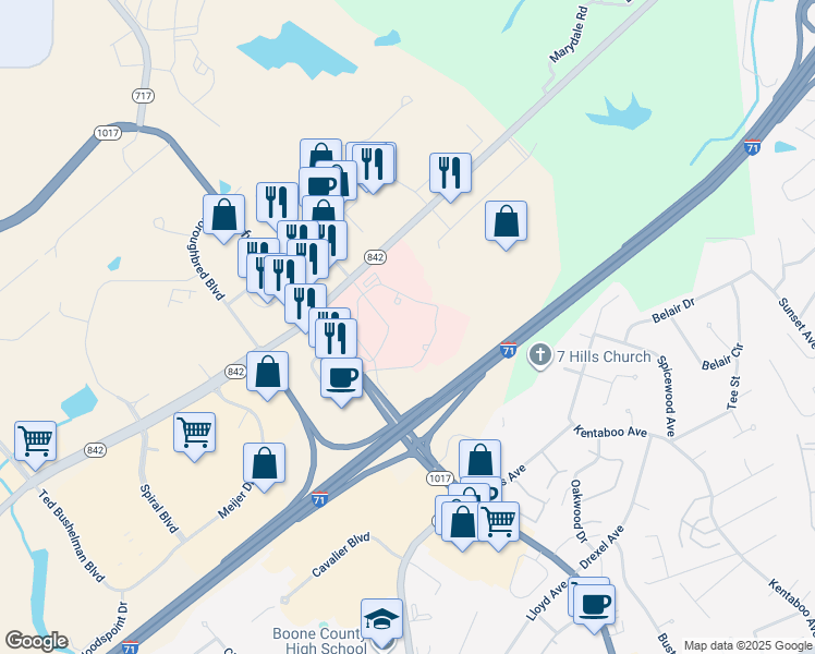 map of restaurants, bars, coffee shops, grocery stores, and more near 4900 Houston Road in Florence