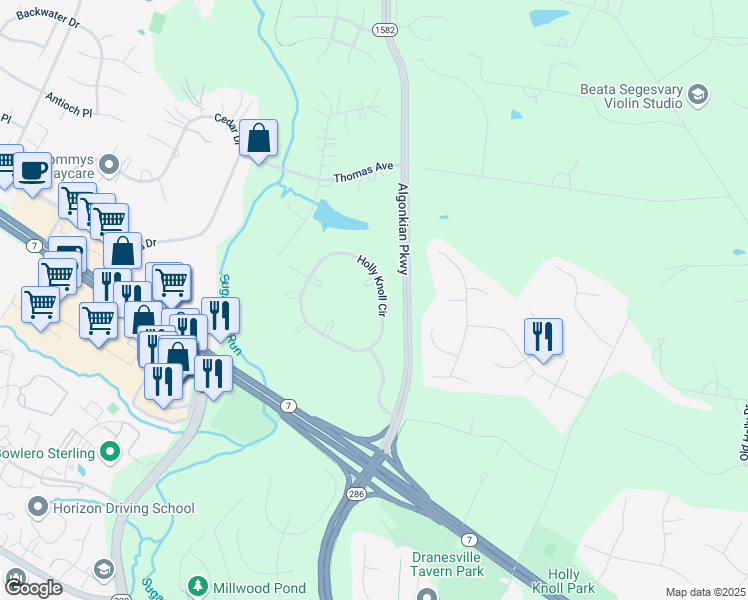 map of restaurants, bars, coffee shops, grocery stores, and more near 12111 Holly Knoll Circle in Great Falls