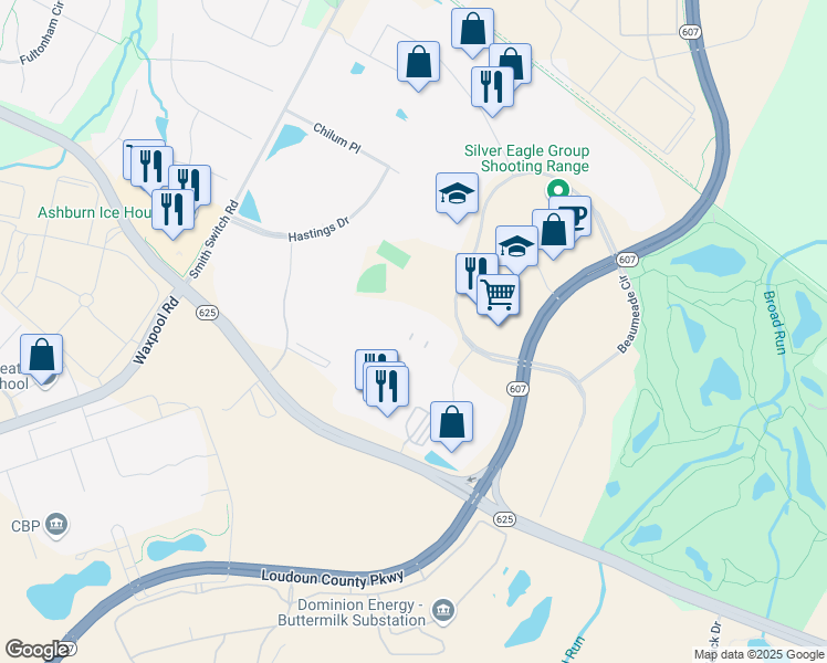 map of restaurants, bars, coffee shops, grocery stores, and more near 21715 Filigree Court in Ashburn