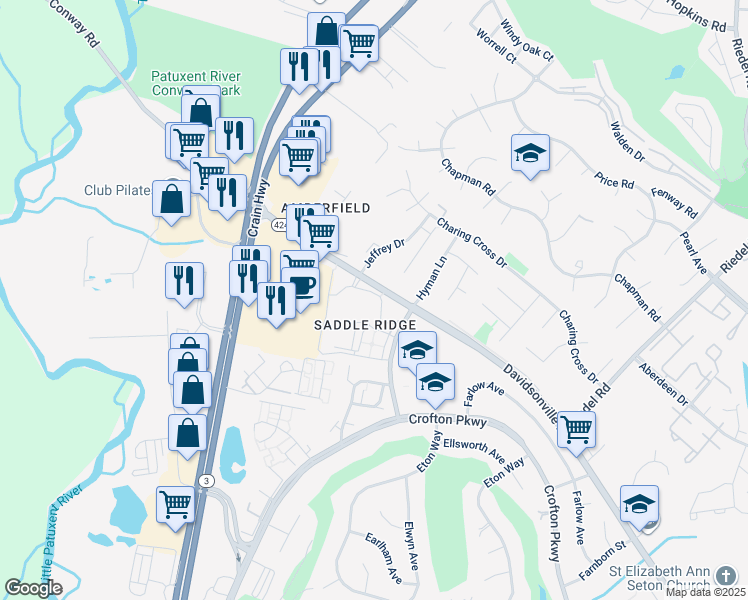 map of restaurants, bars, coffee shops, grocery stores, and more near 1629 Parkridge Circle in Crofton