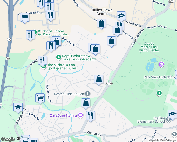 map of restaurants, bars, coffee shops, grocery stores, and more near 45786 Winding Branch Terrace in Sterling