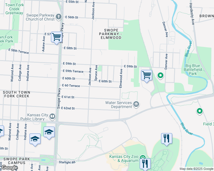 map of restaurants, bars, coffee shops, grocery stores, and more near 4505 East 60th Street in Kansas City