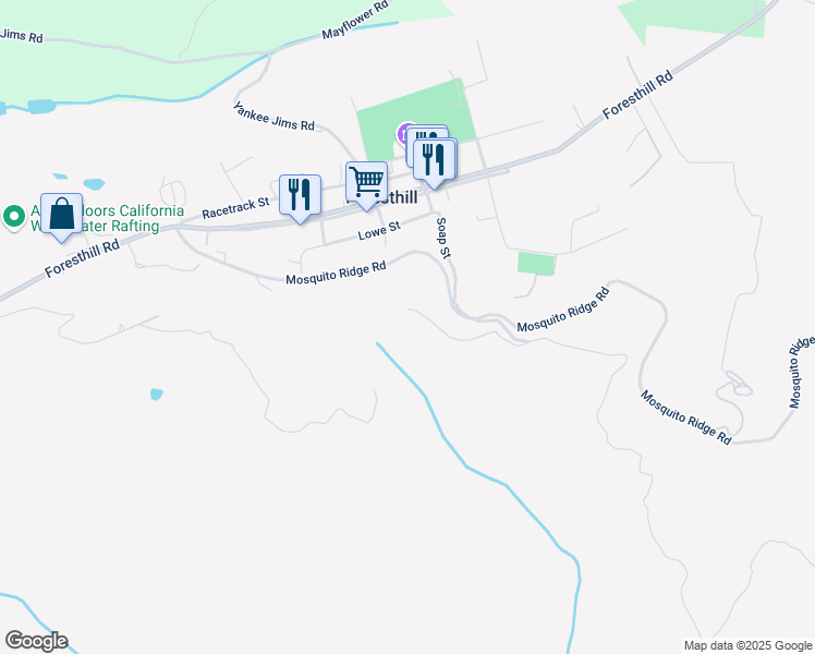 map of restaurants, bars, coffee shops, grocery stores, and more near 24550 Mosquito Ridge Road in Foresthill