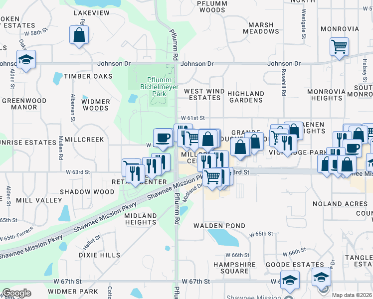 map of restaurants, bars, coffee shops, grocery stores, and more near 13406 West 62nd Terrace in Shawnee