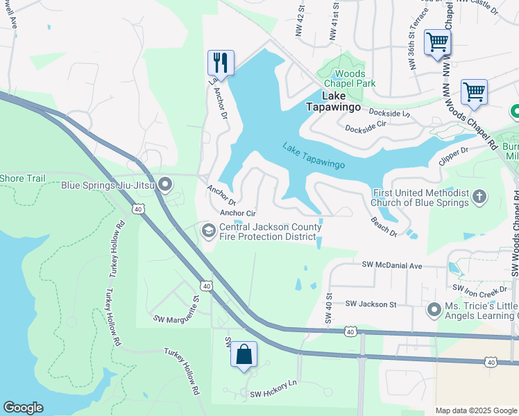 map of restaurants, bars, coffee shops, grocery stores, and more near 96 Anchor Drive in Lake Tapawingo