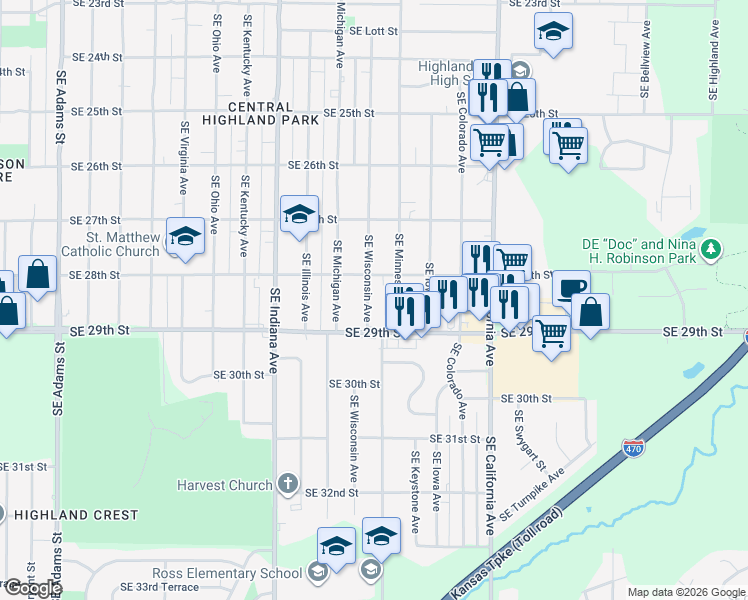 map of restaurants, bars, coffee shops, grocery stores, and more near 2810 Southeast Wisconsin Avenue in Topeka