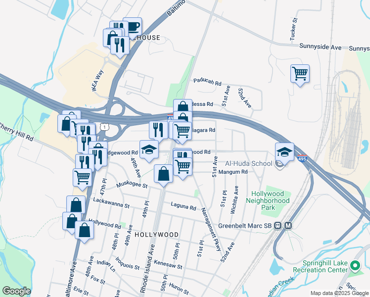map of restaurants, bars, coffee shops, grocery stores, and more near 5006 Edgewood Road in College Park
