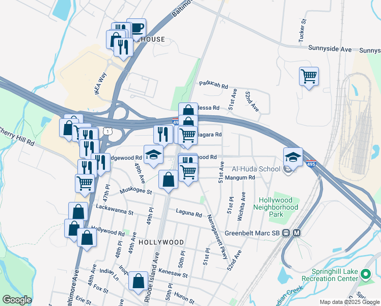 map of restaurants, bars, coffee shops, grocery stores, and more near 5006 Edgewood Road in College Park
