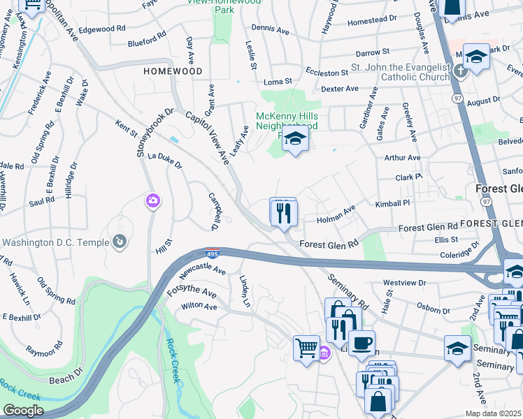 map of restaurants, bars, coffee shops, grocery stores, and more near 2802 Beechbank Road in Silver Spring