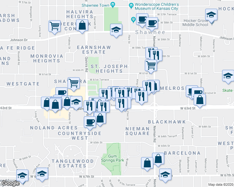 map of restaurants, bars, coffee shops, grocery stores, and more near 11508 West 62nd Terrace in Shawnee