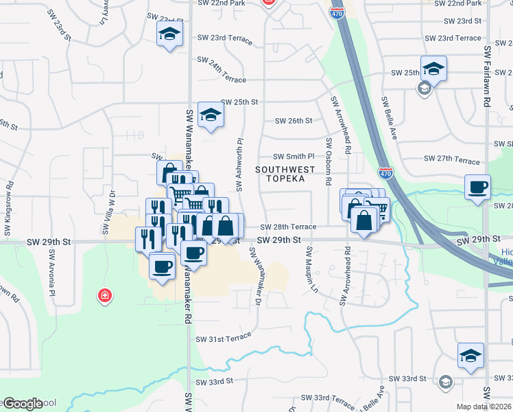 map of restaurants, bars, coffee shops, grocery stores, and more near 2726 Southwest Ashworth Place in Topeka
