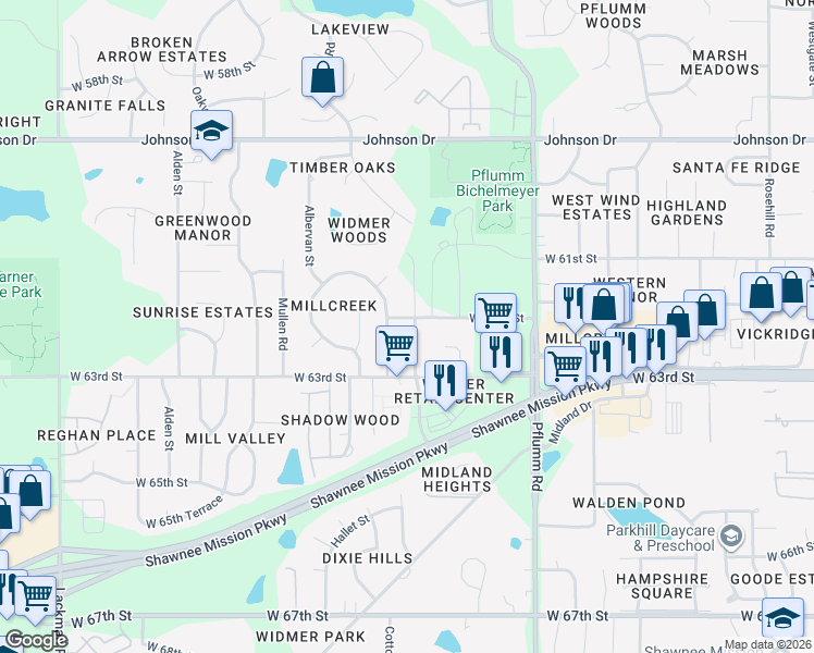 map of restaurants, bars, coffee shops, grocery stores, and more near 13901 West 62nd Street in Shawnee