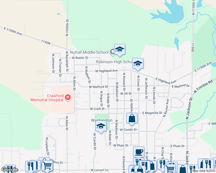 map of restaurants, bars, coffee shops, grocery stores, and more near 1300 North Robb Street in Robinson