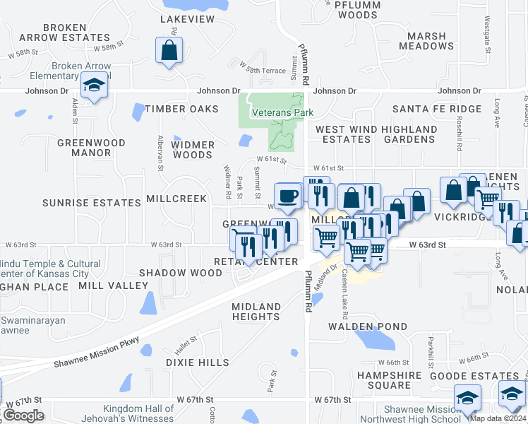map of restaurants, bars, coffee shops, grocery stores, and more near 13743 West 62nd Street in Shawnee