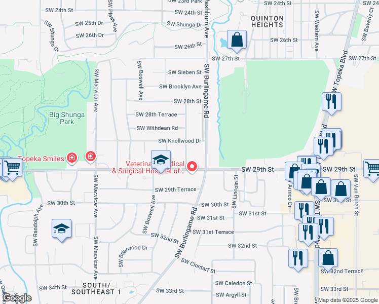 map of restaurants, bars, coffee shops, grocery stores, and more near 2880 SW Mulvane St in Topeka