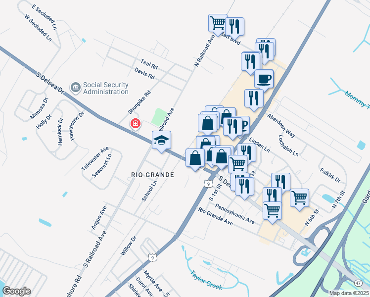 map of restaurants, bars, coffee shops, grocery stores, and more near 1112A New Jersey 47 in Rio Grande