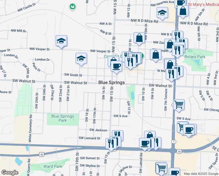 map of restaurants, bars, coffee shops, grocery stores, and more near 302 Southwest 16 Street in Blue Springs
