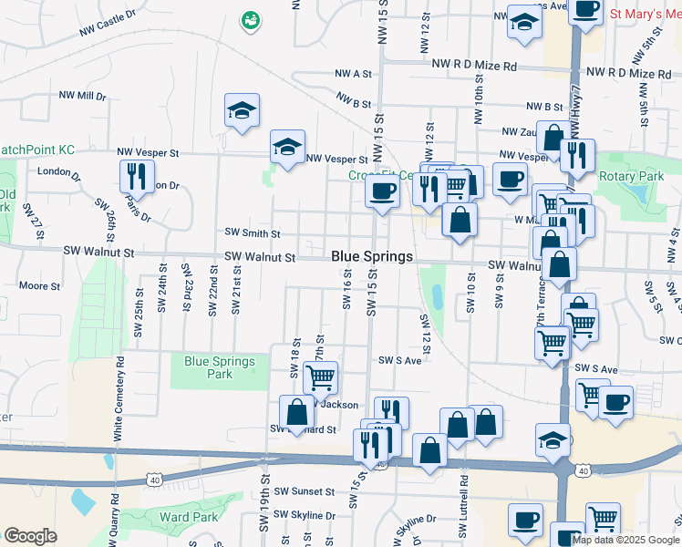 map of restaurants, bars, coffee shops, grocery stores, and more near 302 Southwest 16 Street in Blue Springs