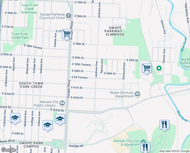 map of restaurants, bars, coffee shops, grocery stores, and more near 6006 Jackson Avenue in Kansas City