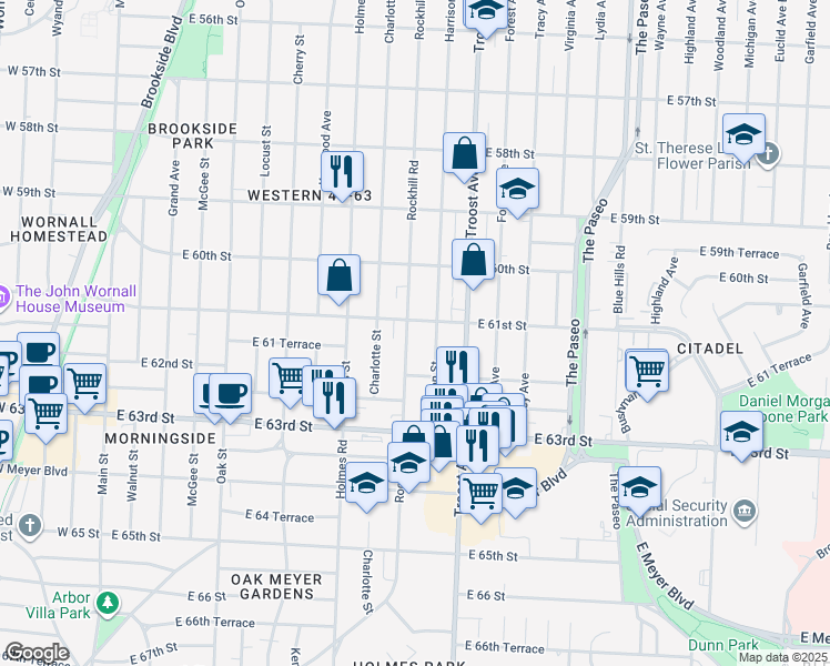 map of restaurants, bars, coffee shops, grocery stores, and more near 6101 Rockhill Road in Kansas City