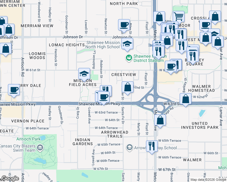 map of restaurants, bars, coffee shops, grocery stores, and more near 7600 Shawnee Mission Parkway in Overland Park
