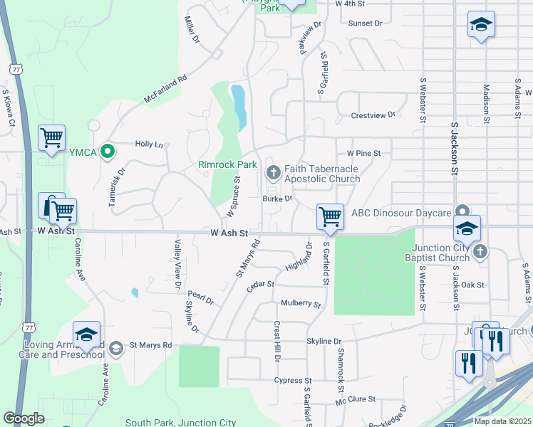 map of restaurants, bars, coffee shops, grocery stores, and more near 1033 Eisenhower Circle in Junction City