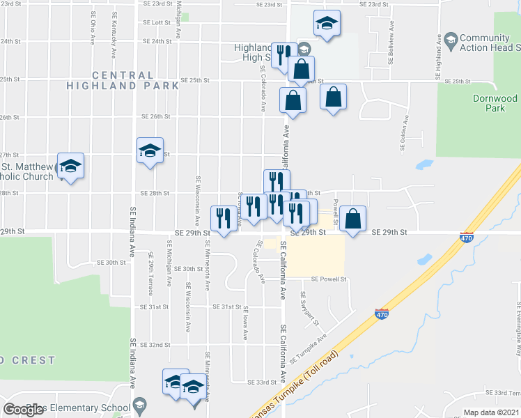 map of restaurants, bars, coffee shops, grocery stores, and more near 2821 Southeast Colorado Avenue in Topeka