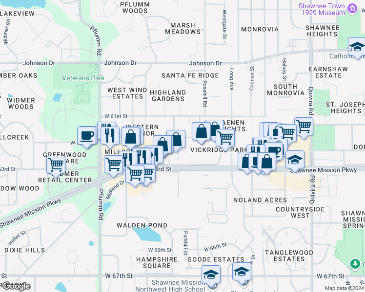 map of restaurants, bars, coffee shops, grocery stores, and more near 12840 Shawnee Mission Parkway in Shawnee