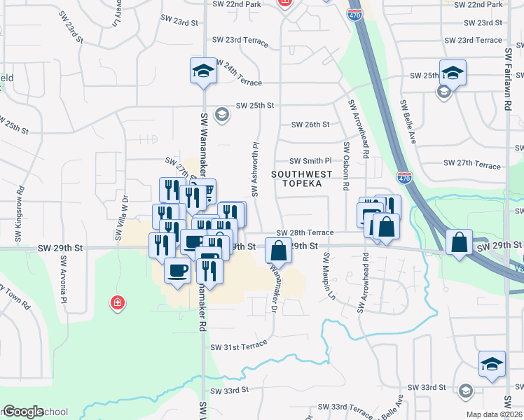 map of restaurants, bars, coffee shops, grocery stores, and more near 2726 Southwest Ashworth Place in Topeka
