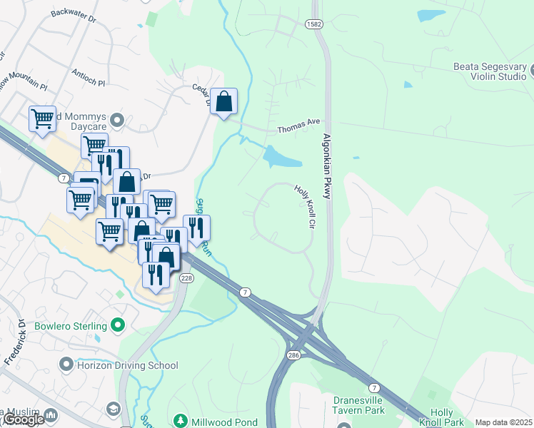 map of restaurants, bars, coffee shops, grocery stores, and more near 12147 Holly Knoll Circle in Great Falls