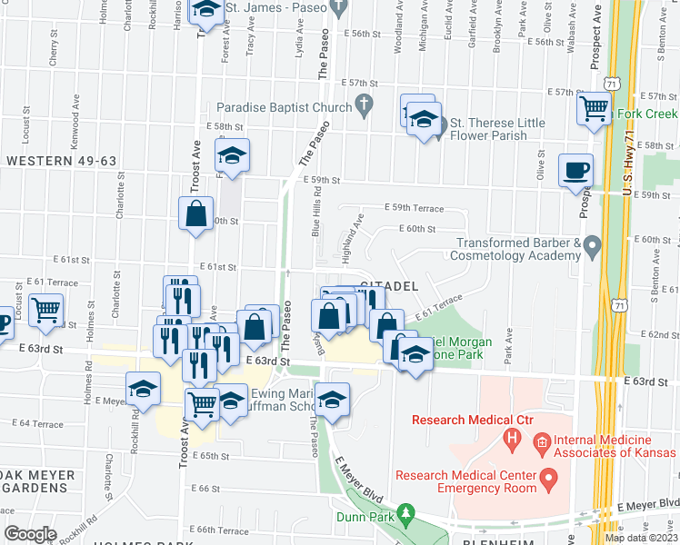 map of restaurants, bars, coffee shops, grocery stores, and more near 1539 Citadel Dr in Kansas City