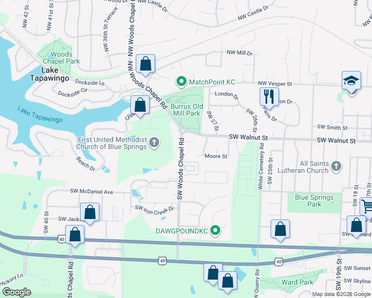 map of restaurants, bars, coffee shops, grocery stores, and more near 312 Southwest Woods Chapel Road in Blue Springs