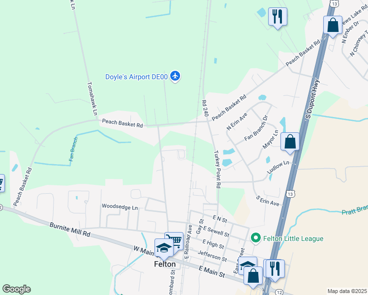 map of restaurants, bars, coffee shops, grocery stores, and more near 107 Hurds Boulevard in Felton