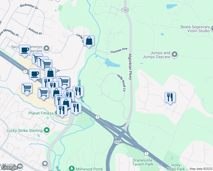 map of restaurants, bars, coffee shops, grocery stores, and more near 12147 Holly Knoll Circle in Great Falls